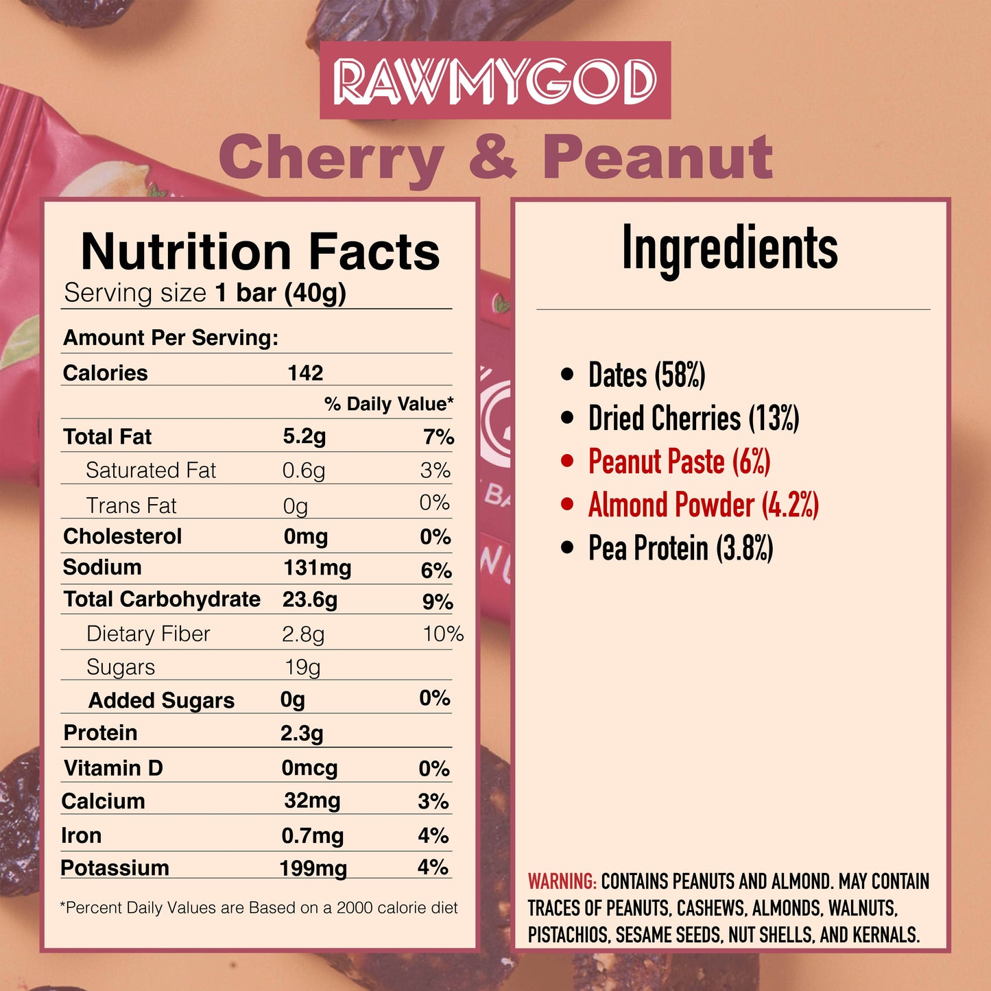 Wilton Mettler LLC - RAWMYGOD Raw Fruit and Nut Bar - Cherry & Peanut