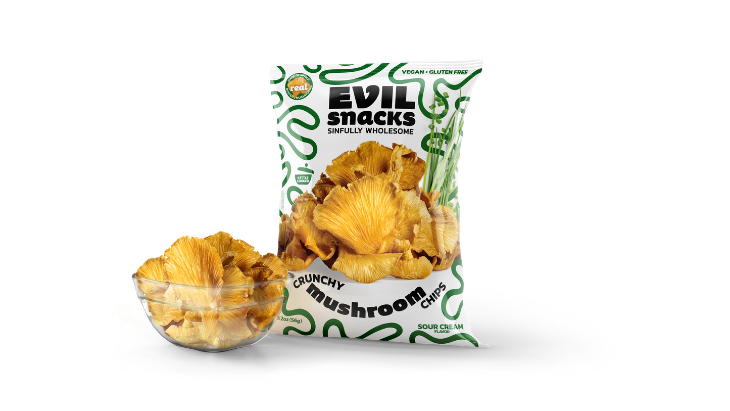 EVIL SNACKS - Crunchy Mushroom Chips Sour Cream Flavor 2oz Bag