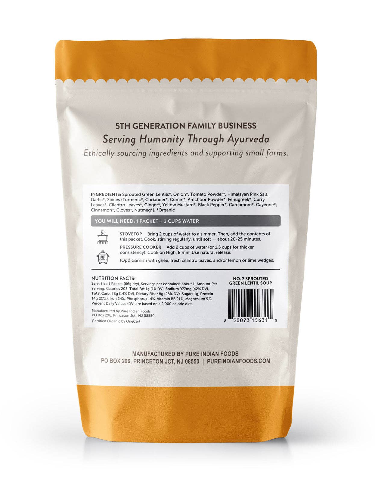Pure Indian Foods - OnePot Lentil Soup, Single Pack, Ready-to-Cook, Certified Organic: No. 6 - Yellow Split Moong Daal + Our Family Spice Blend