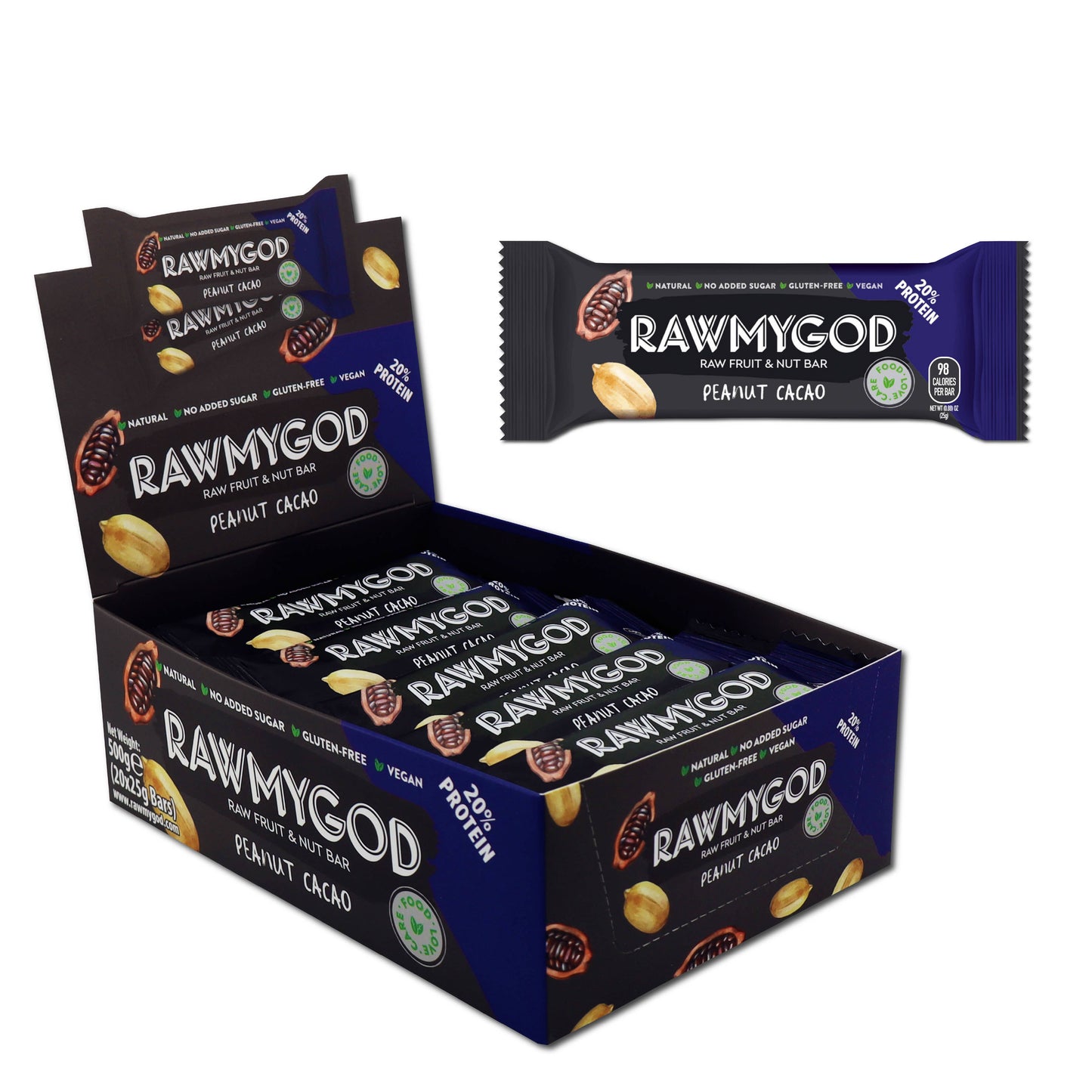 RAWMYGOD Raw Fruit & Nut Bar - Peanut & Cacao