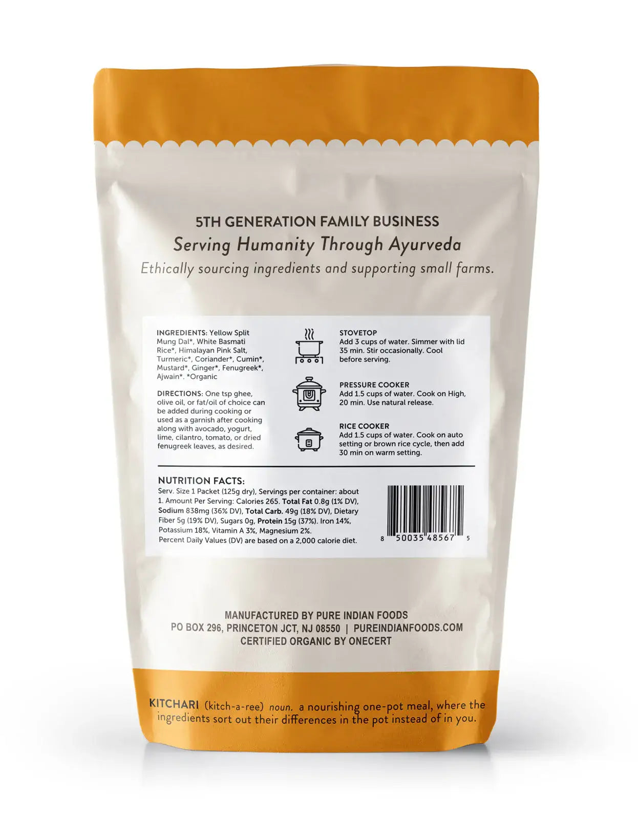 Pure Indian Foods - OnePot Kitchari Single Pack Ready-to-Cook Meals, Organic: No.1 - Sprouted Brown Rice & Sprouted Whole Mung Beans