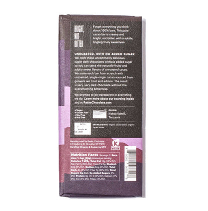 Raaka Chocolate - Cacao (No Added Sugar) Chocolate Bar