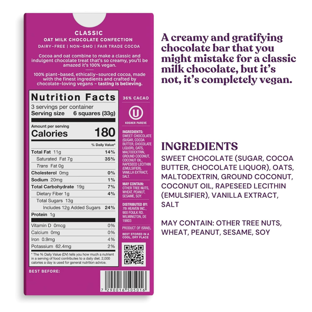 7th Heaven Chocolate - Classic Oat Milk Chocolate Bar - Vegan, Organic, Dairy-Free