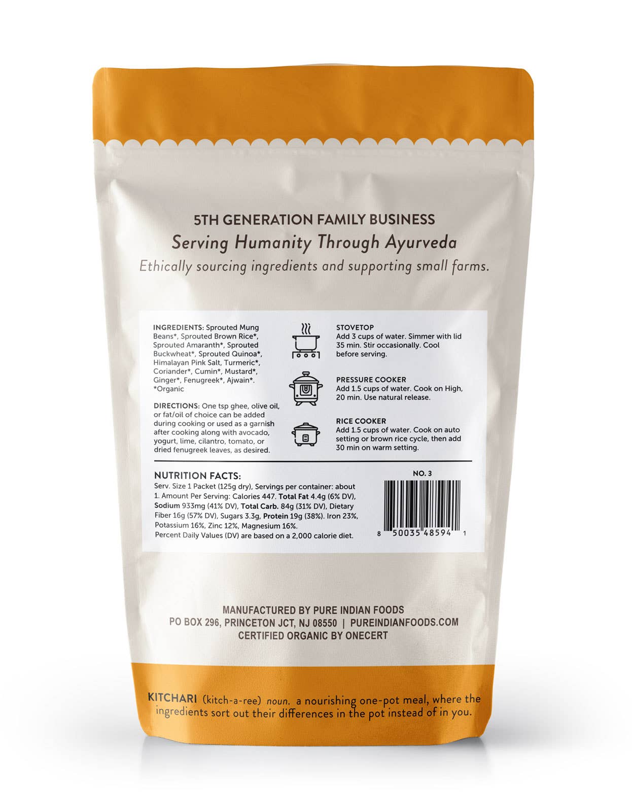 Pure Indian Foods - OnePot Kitchari Single Pack Ready-to-Cook Meals, Organic: No.1 - Sprouted Brown Rice & Sprouted Whole Mung Beans