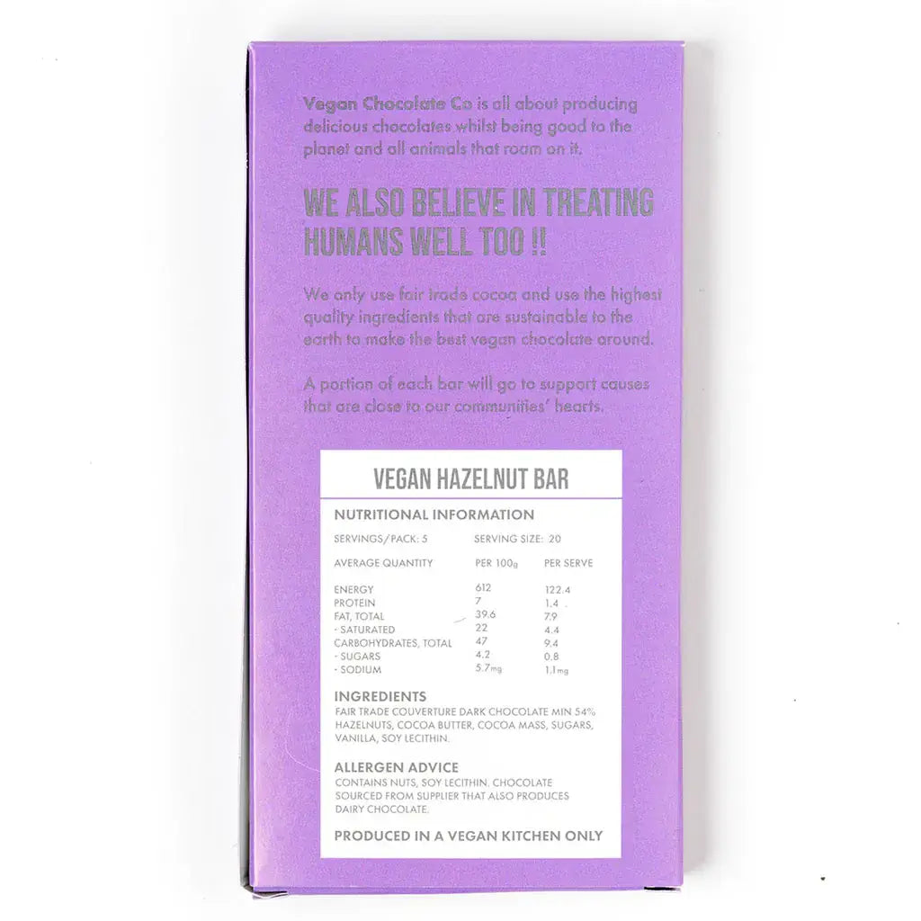 Vegan Chocolate Co - VEGAN HAZELNUT BAR (100G)