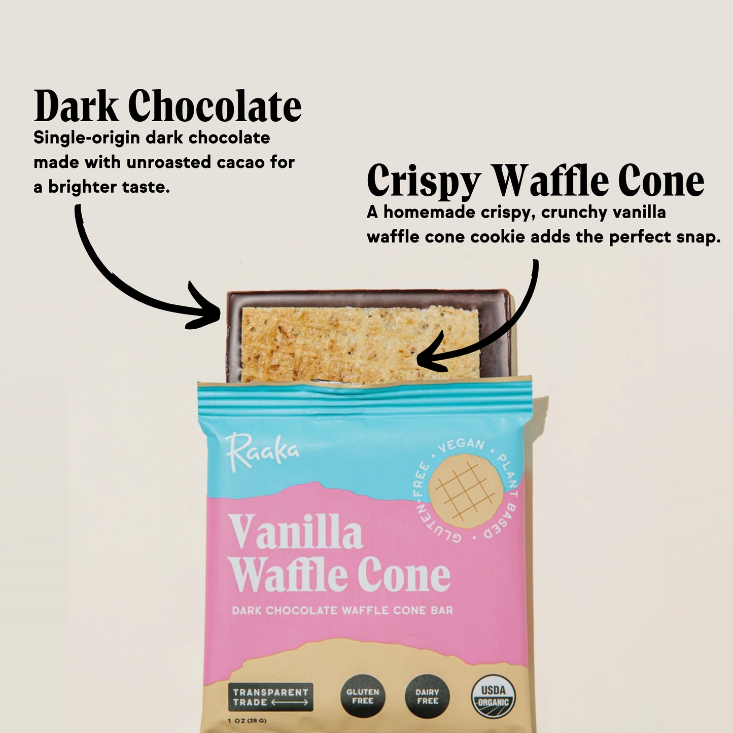 Raaka Chocolate - Vanilla Dipped Waffle Cone Chocolate Bar
