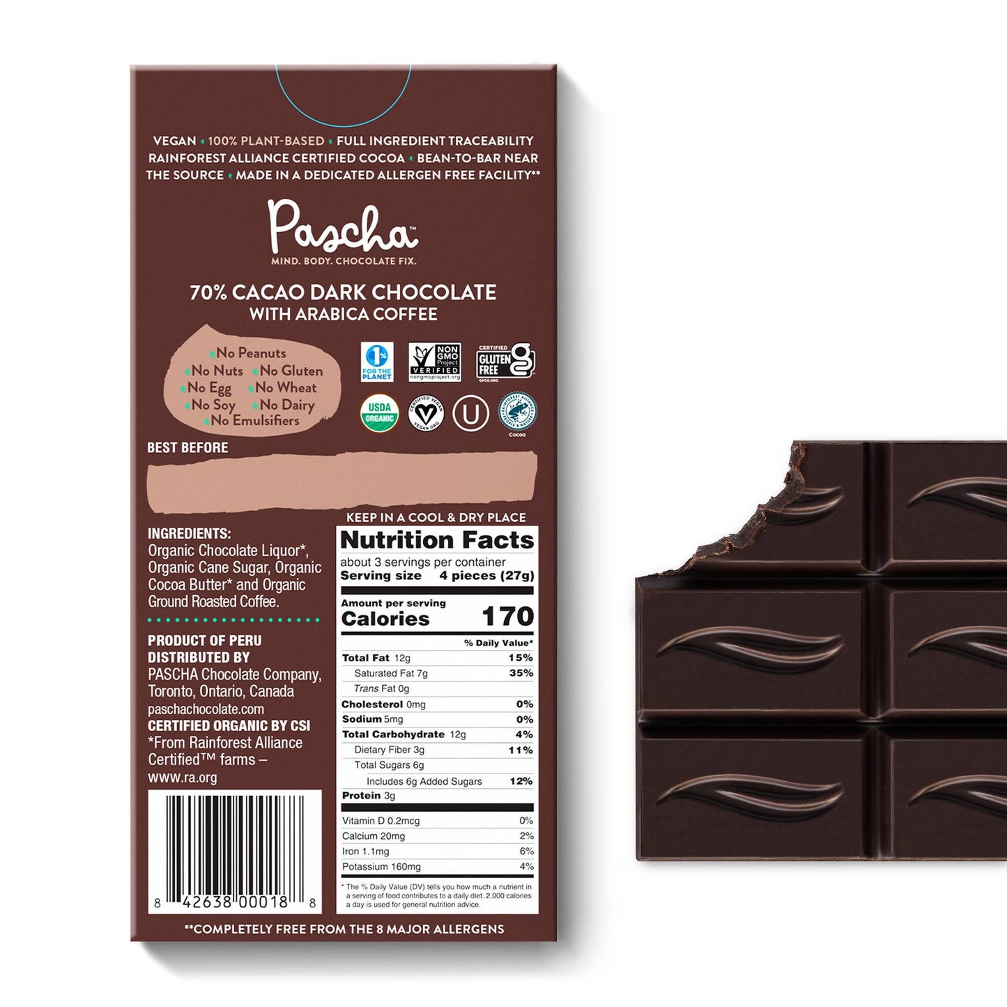 Pascha Chocolate Company - 70% Cacao Organic Vegan Dark Chocolate Bar with Coffee: 10 Packs