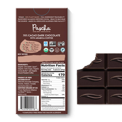 Pascha Chocolate Company - 70% Cacao Organic Vegan Dark Chocolate Bar with Coffee: 10 Packs