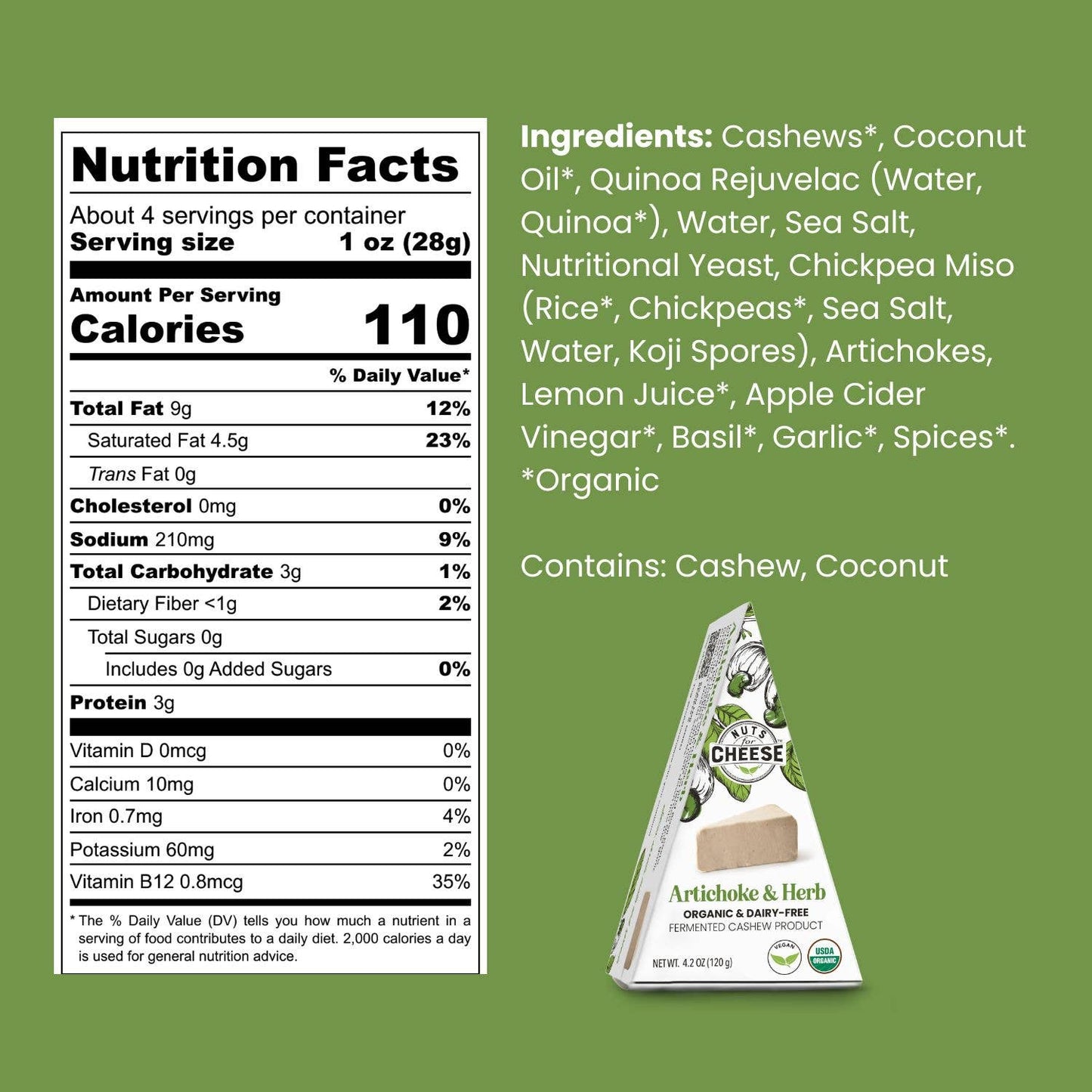 Nuts For Cheese - Artichoke & Herb Cashew Cheese Wedge | Organic | Vegan