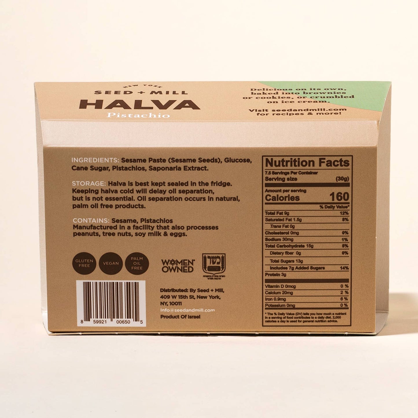Seed + Mill - Pistachio Halva, 227g - Kosher Sesame Candy