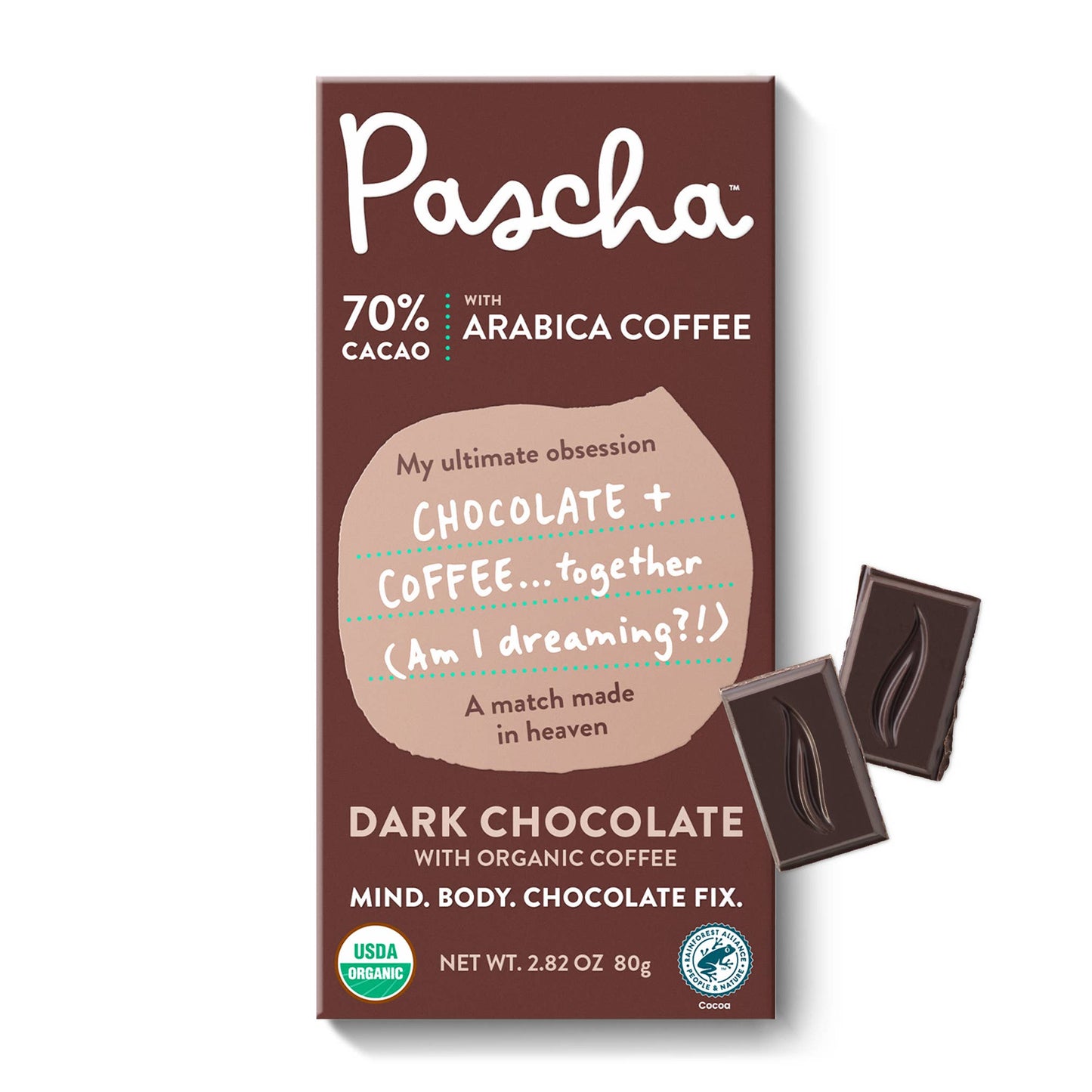 Pascha Chocolate Company - 70% Cacao Organic Vegan Dark Chocolate Bar with Coffee: 10 Packs