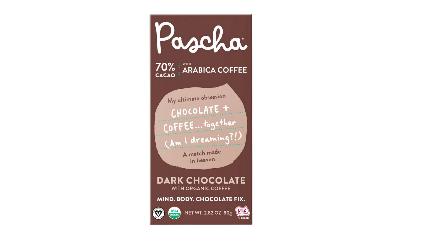 Pascha Chocolate Company - 70% Cacao Organic Vegan Dark Chocolate Bar with Coffee: 10 Packs