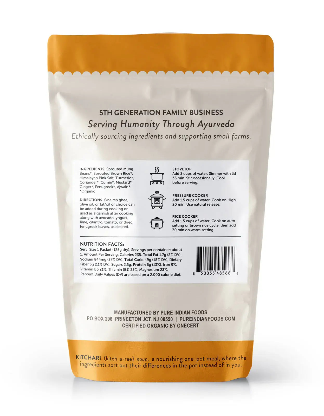 Pure Indian Foods - OnePot Kitchari Single Pack Ready-to-Cook Meals, Organic: No.1 - Sprouted Brown Rice & Sprouted Whole Mung Beans