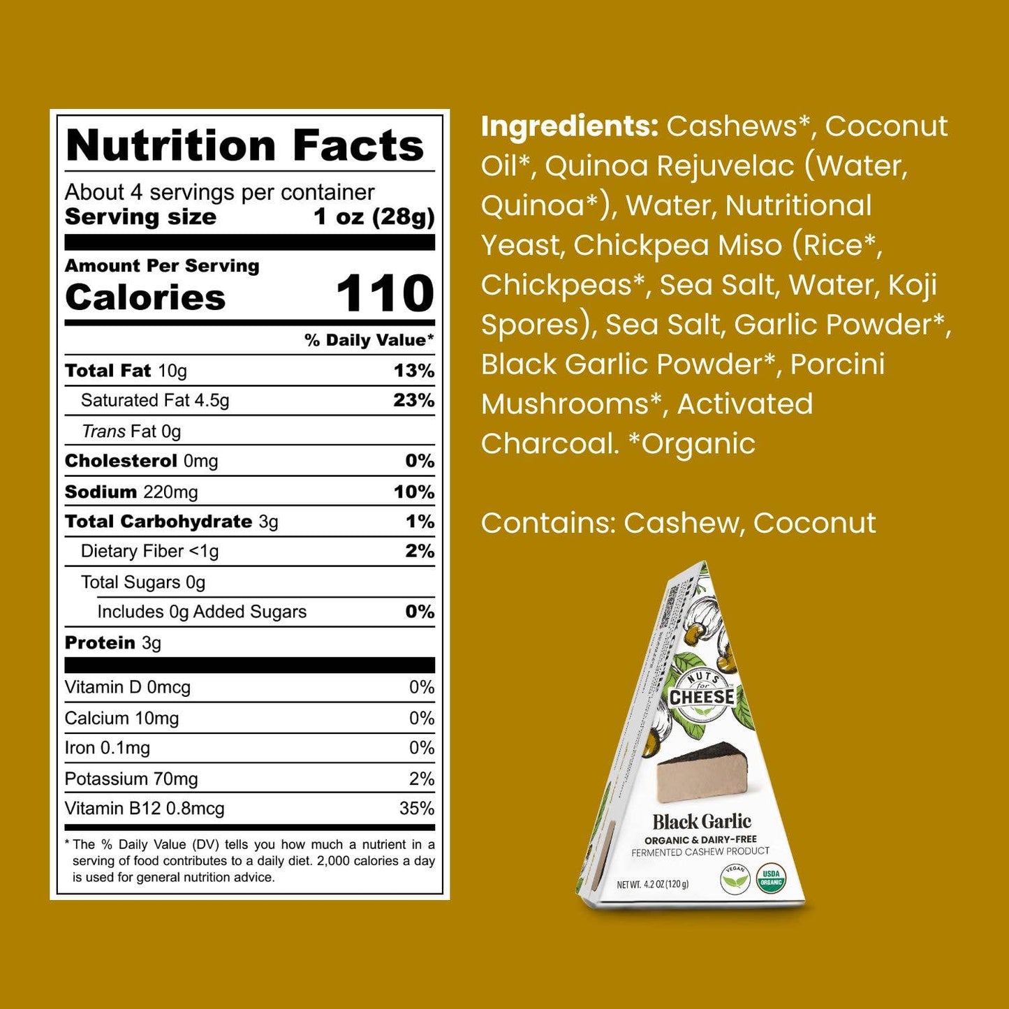 Nuts For Cheese - Black Garlic Cashew Cheese Wedge | Organic | Artisan | Vegan