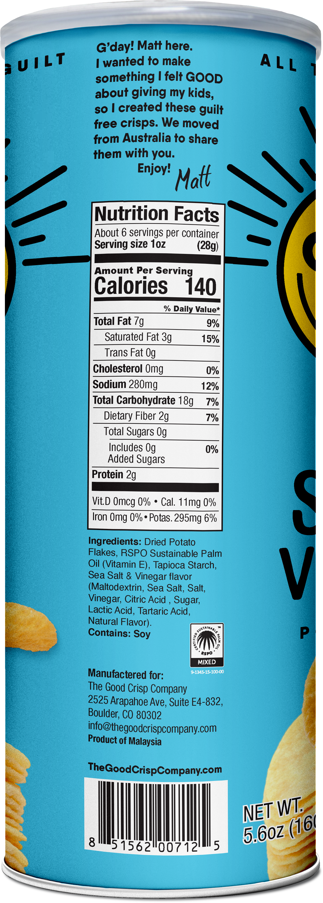 The Good Crisp Company - Sea Salt & Vinegar Chips - 5.6oz Can