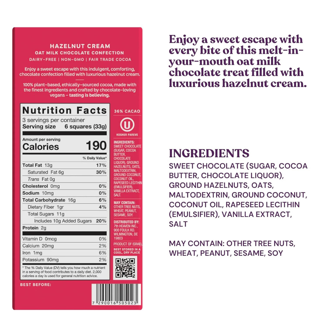7th Heaven Chocolate - Vegan Oat Milk Chocolate Bar - Hazelnut Cream, Lactose-Free