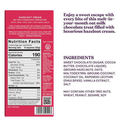 7th Heaven Chocolate - Vegan Oat Milk Chocolate Bar - Hazelnut Cream, Lactose-Free