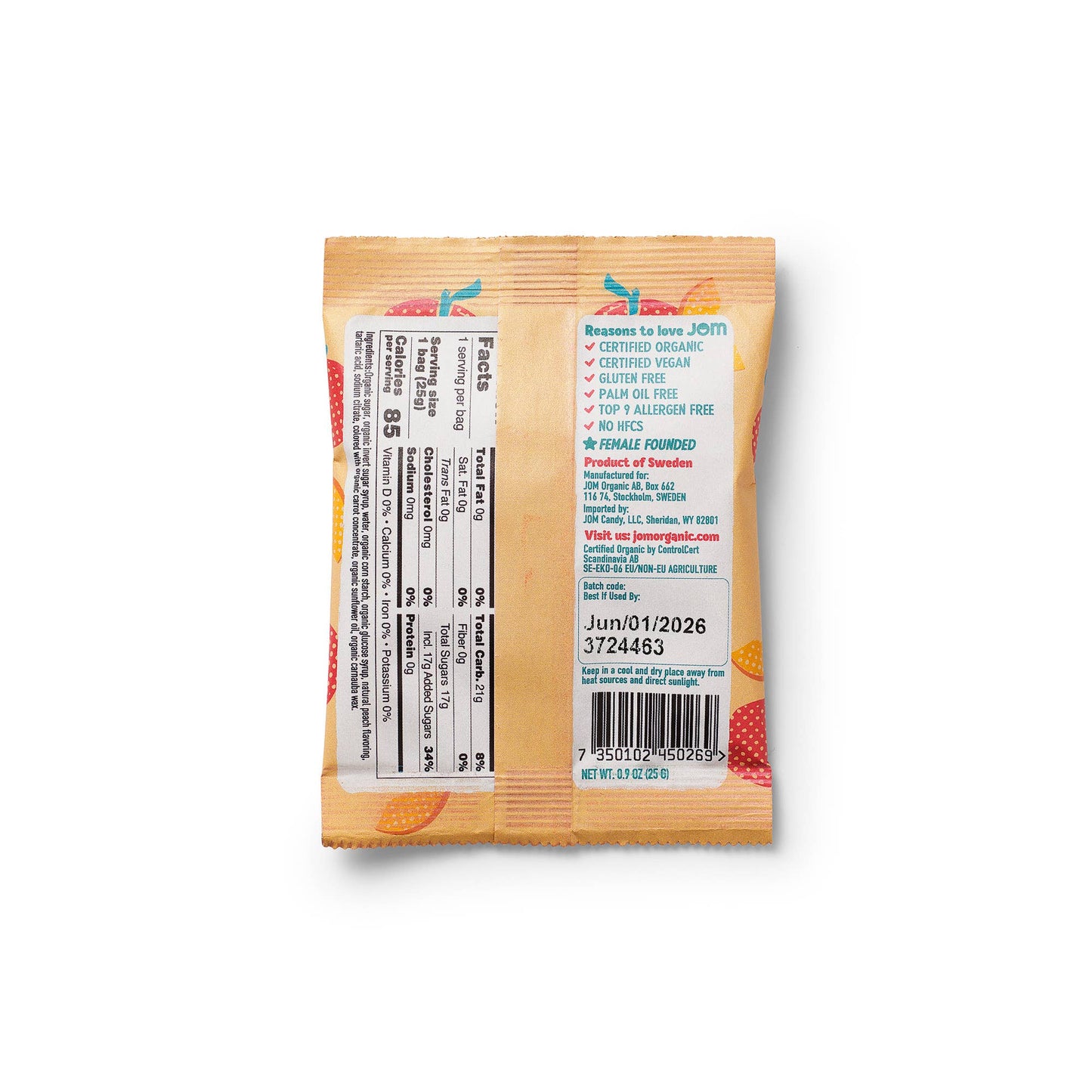 JOM - Snack Packs - Swedish Organic & Vegan Juicy Peach Gummies