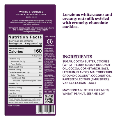 7th Heaven Chocolate - Vegan Oat White Chocolate Bar: White Cocoa & Cookies, Kosher