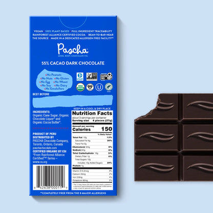 Pascha Chocolate Company - 55% Cacao Organic Vegan Dark Chocolate Bar