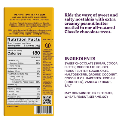 7th Heaven Chocolate - Vegan Oat Milk Chocolate Bar: Peanut Butter Cream, Non-Dairy