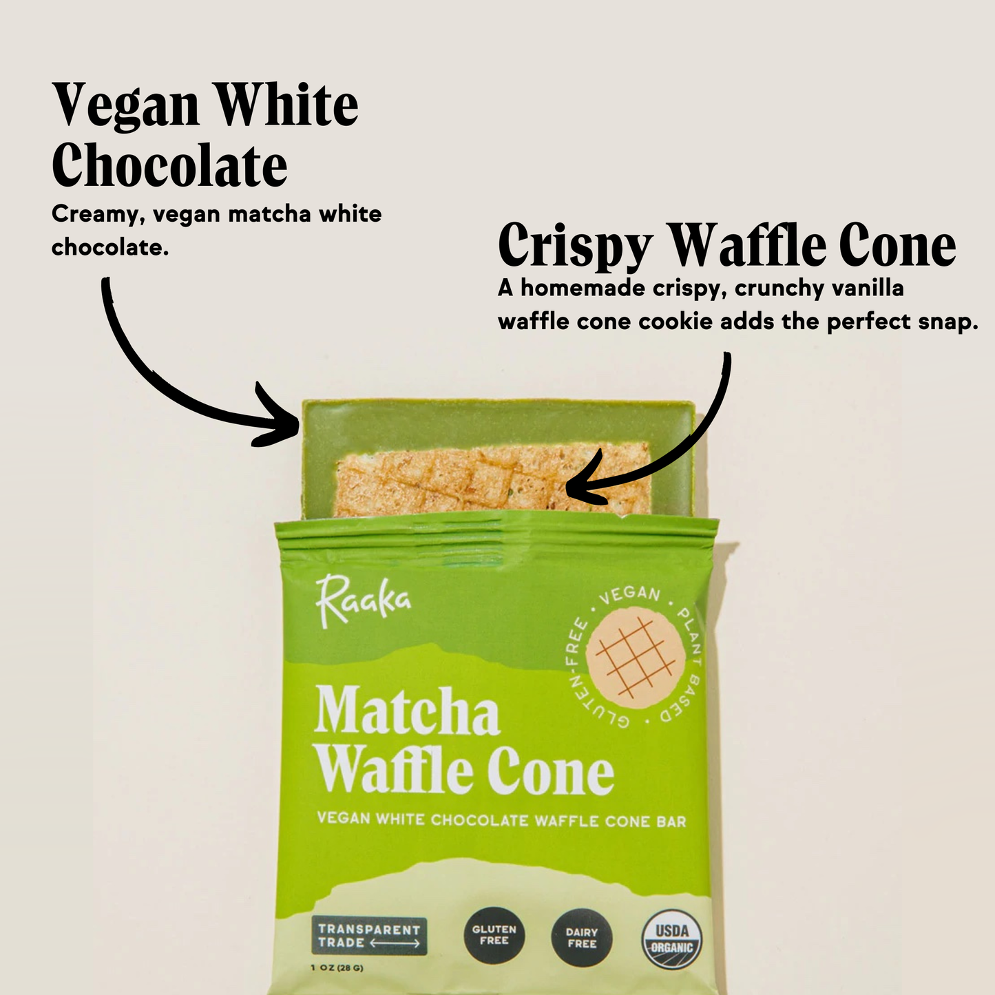 Raaka Chocolate - Matcha Dipped Waffle Cone White Chocolate Bar