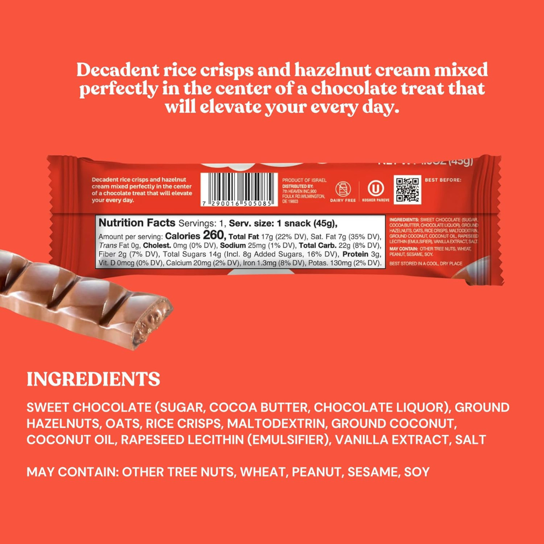7th Heaven Chocolate - Vegan Oat Milk Chocolate Bar - Hazelnut Rice Crisps, Non-GMO